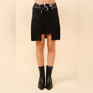 Double Belted Star Studded Suede Fringe Mini Skirt